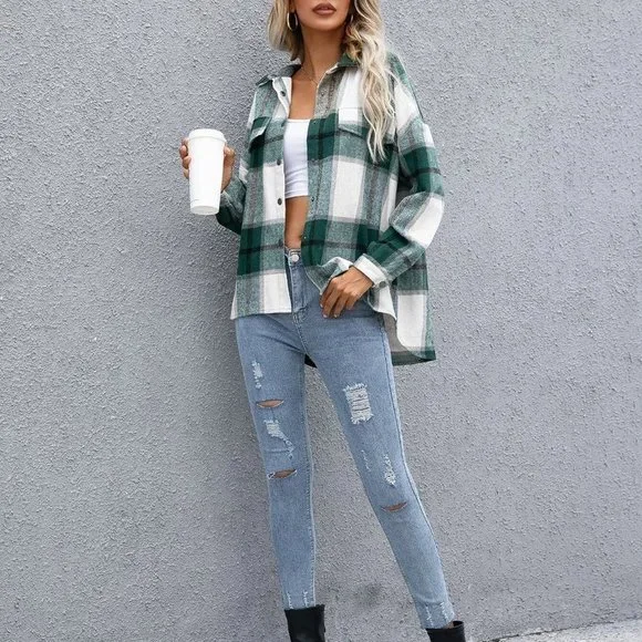 Green Casual Womens Plaid Flap Pocket Drop Shoulder Jacket - Picture 5 of 5